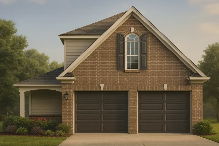 Front elevation of a Traditional New American style garage apartment with brick exterior, symmetrical gable roof, and two-car garage doors