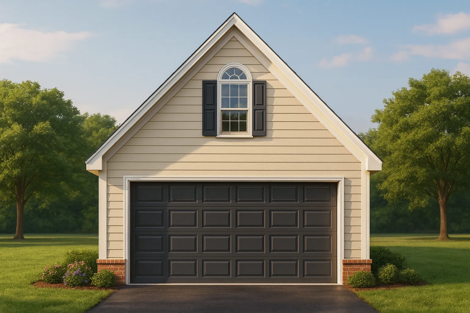 Front elevation of a traditional detached garage with Colonial-inspired design, horizontal lap siding, front-entry garage door, and symmetrical proportions