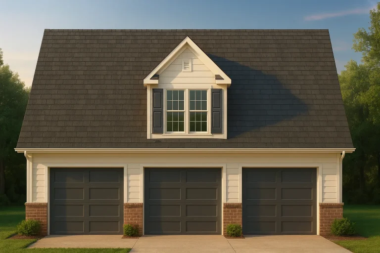 Second Floor Master Bedroom House Plans 3 Front elevation of a Traditional Cape Cod style 3-car garage featuring horizontal siding, brick accents, dormer window, and steep gabled roof