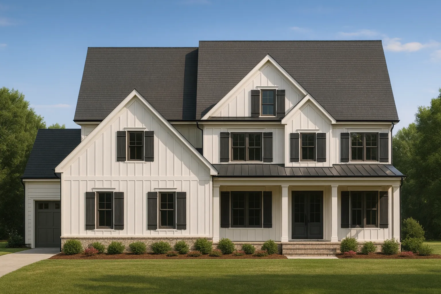 Front elevation of a Modern Farmhouse style home featuring white board and batten siding, black windows, gabled rooflines, and a covered front porch