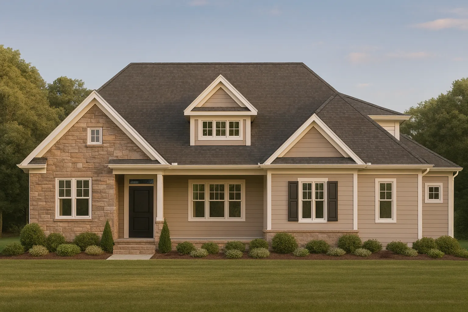 Front elevation of a New American Traditional style home featuring brick accents, horizontal siding, symmetrical windows, and classic suburban curb appeal