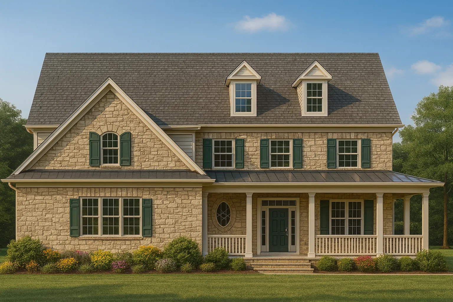 Front view of a Traditional Colonial style home featuring stone exterior, horizontal siding, and a classic covered front porch with dormers