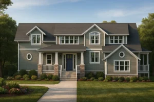 Front view of a Modern Farmhouse style home featuring gray horizontal siding, stone porch columns, white trim, and gable rooflines with classic symmetry