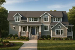 Front view of a Modern Farmhouse style home featuring gray horizontal siding, stone porch columns, white trim, and gable rooflines with classic symmetry