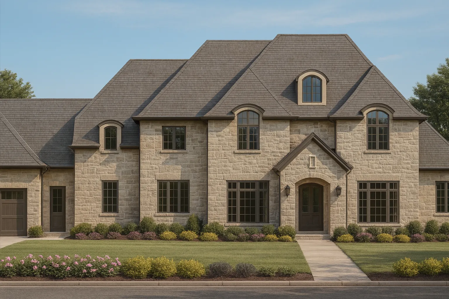 Modern Farmhouse House Plans 11 Front elevation of a French Country style home with full stone exterior, arched windows, steep hipped roof, and symmetrical European-inspired façade