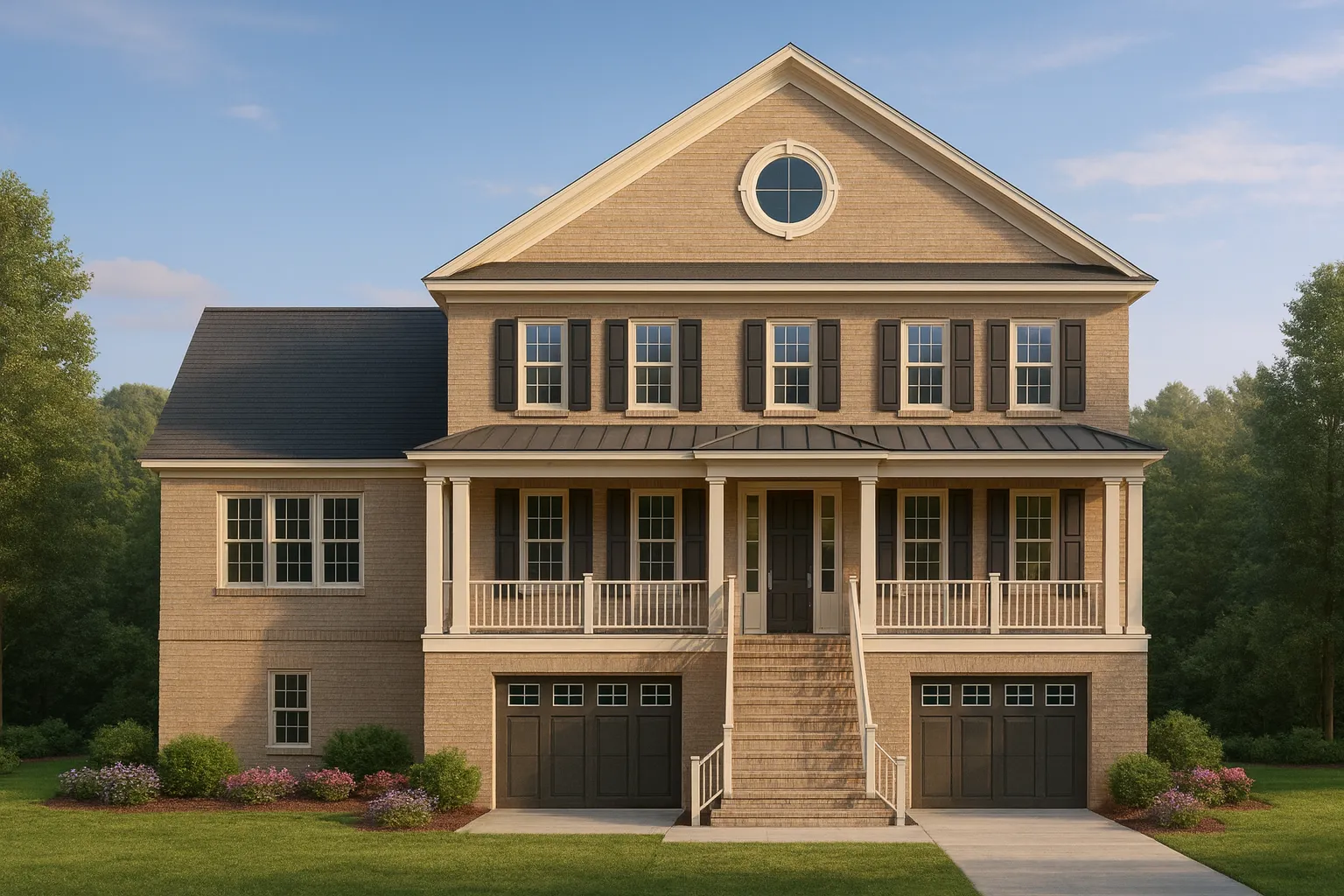 Modern Farmhouse House Plans 17 Front elevation of a Traditional Colonial brick home with raised porch, symmetrical windows, and double garage below