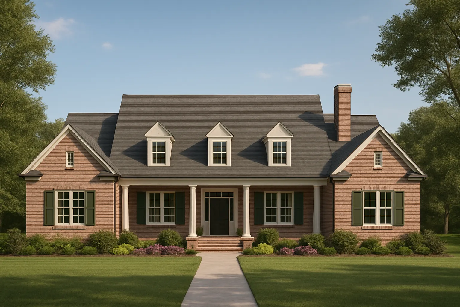 Front elevation of Colonial Revival brick home with symmetrical design, gabled dormers, shutters, and central covered entry
