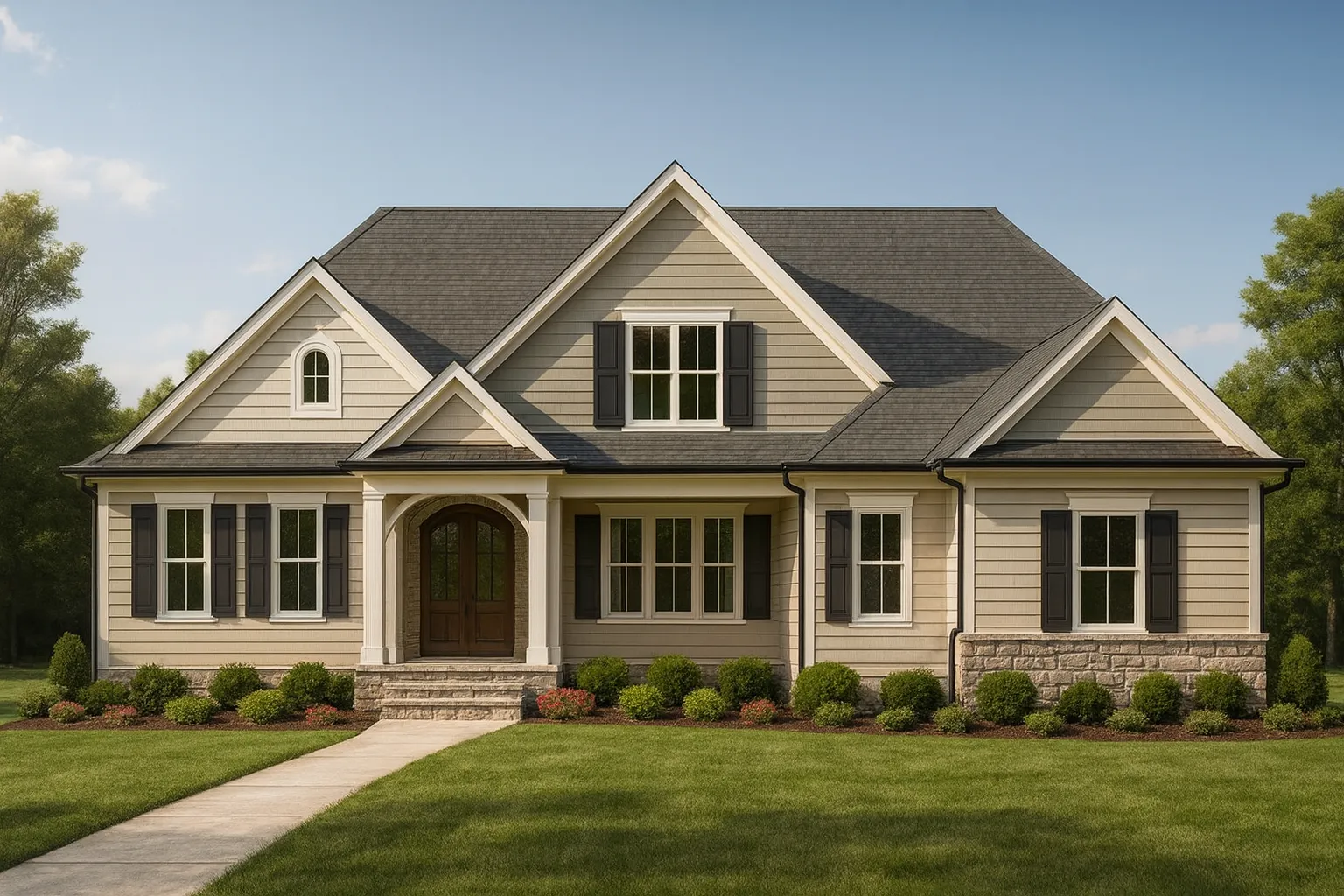 Front elevation of traditional classic suburban house with horizontal lap siding, shake gables, covered entry porch, and symmetrical windows