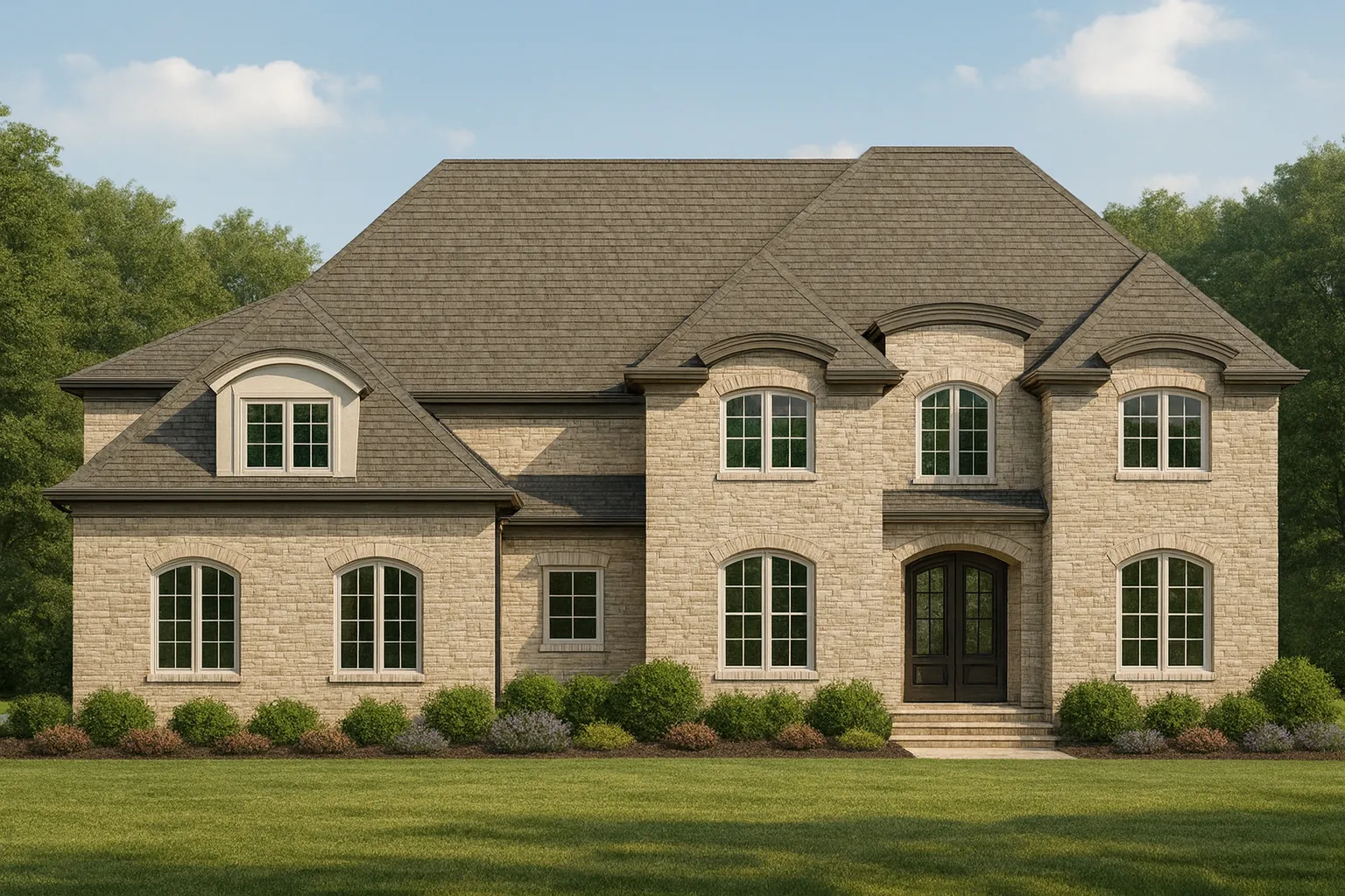 House Plans with Mudroom 7 Front elevation of a Georgian Revival style home featuring a red brick exterior, symmetrical windows, hipped roof, and formal arched entry