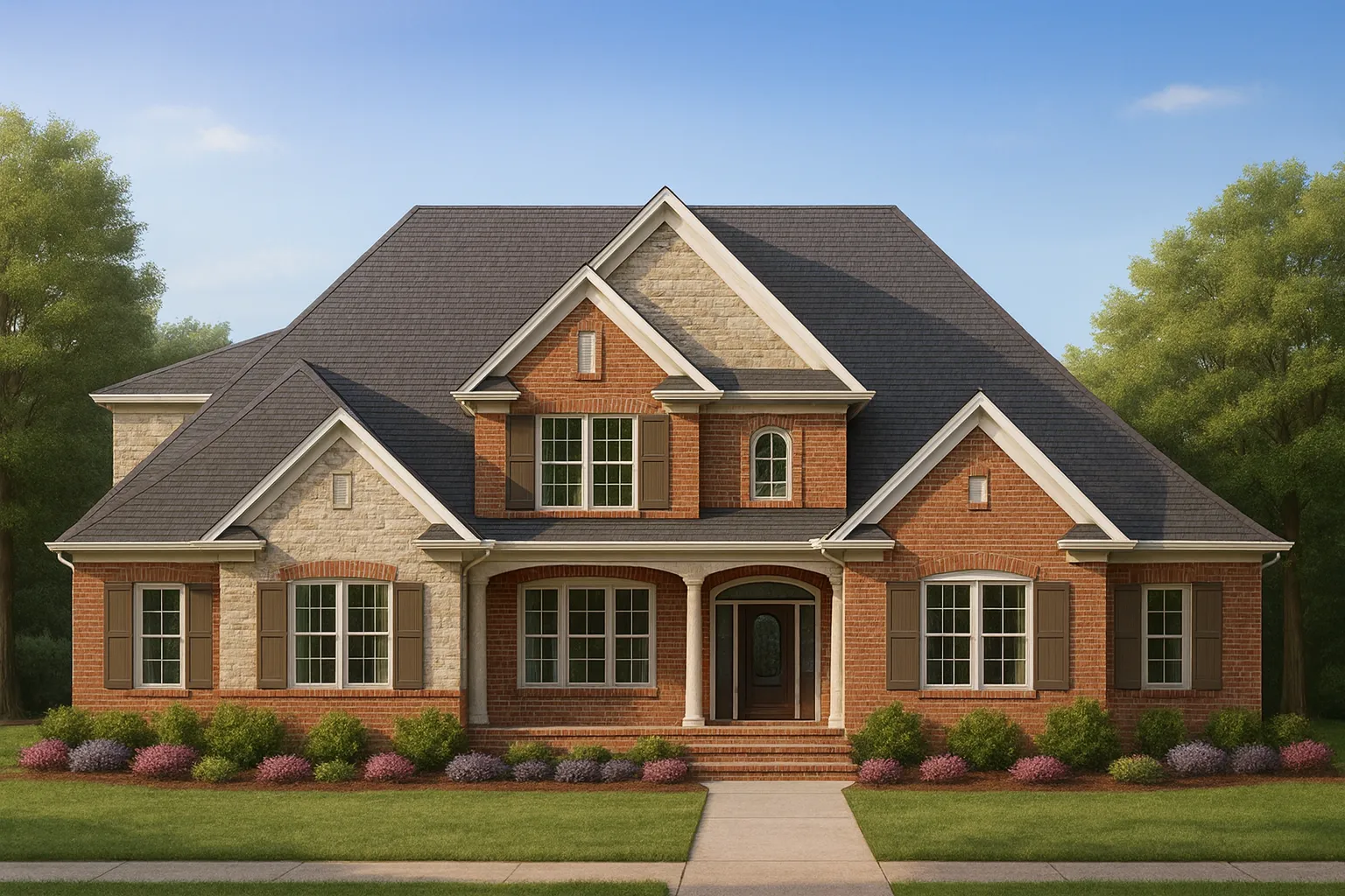 Front elevation of a Traditional Classic Suburban home with brick exterior, stone accents, gabled rooflines, and centered covered entry