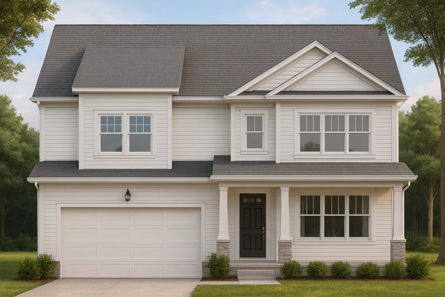 Front elevation of a New American style two-story home with horizontal siding, stone accents, and a covered entry porch