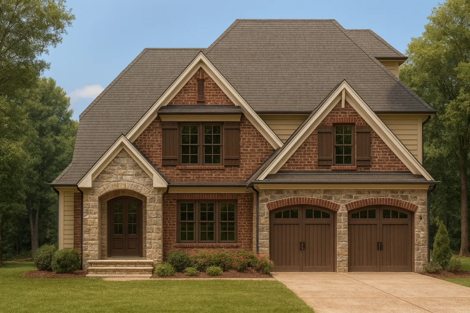 Front elevation of a Tudor Revival style home featuring brick exterior, stone accents, steep gabled rooflines, and arched entry