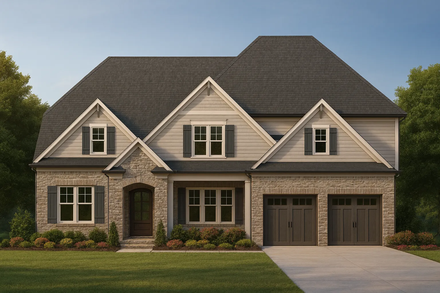 Front elevation of a New American Modern Traditional style house featuring stone veneer, horizontal siding, gabled rooflines, and a two-car garage