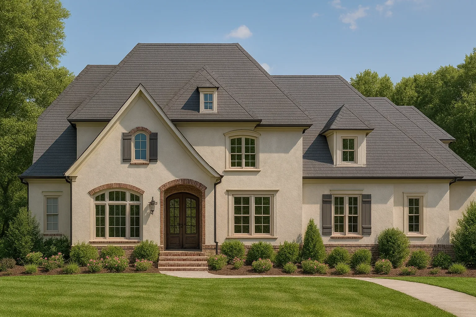 Front elevation of a French Country style home featuring stucco exterior, brick detailing, steep hipped rooflines, and symmetrical window design