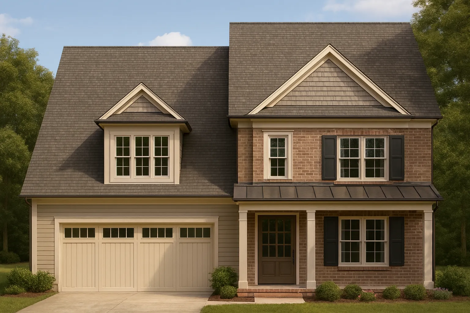 Front elevation of a Traditional Colonial style home featuring brick exterior, lap siding, symmetrical windows, and covered front porch