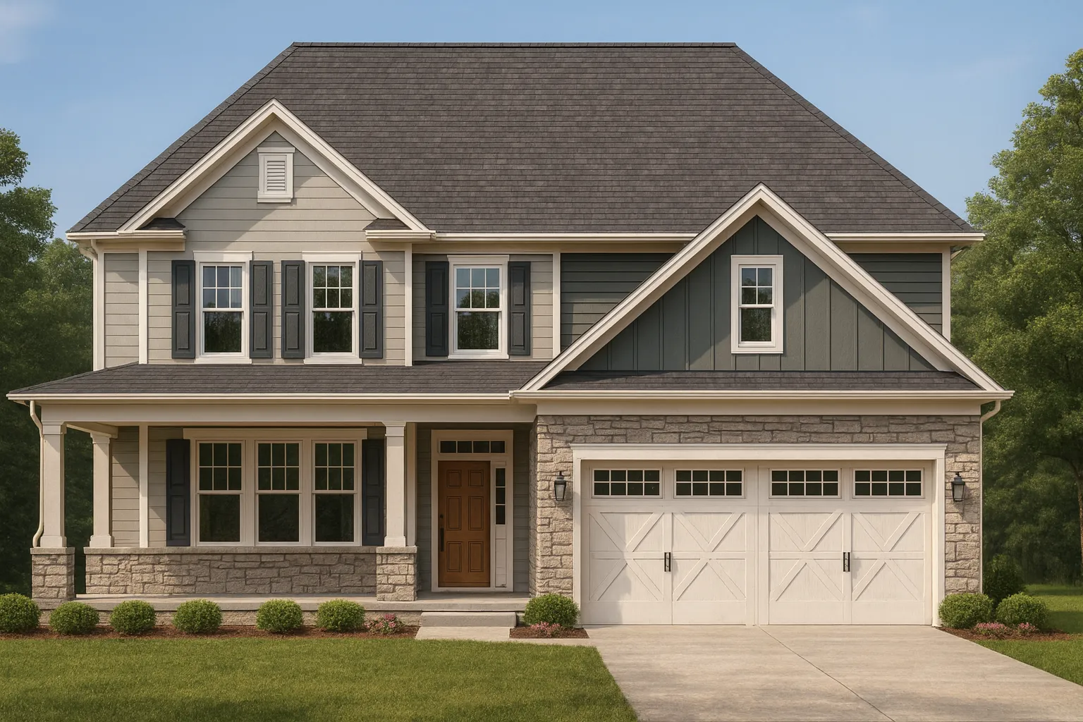 Front elevation of a New American modern traditional house with stone veneer, horizontal siding, board and batten accents, covered porch, and attached two car garage