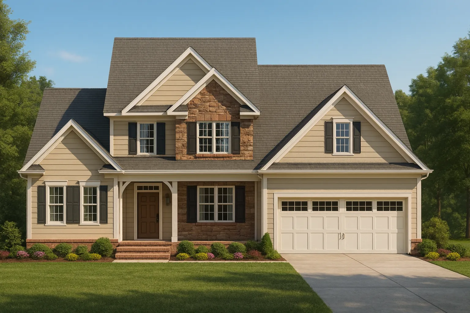 Front elevation of a New American style house with stone accents, horizontal siding, gabled rooflines, and an attached two-car garage