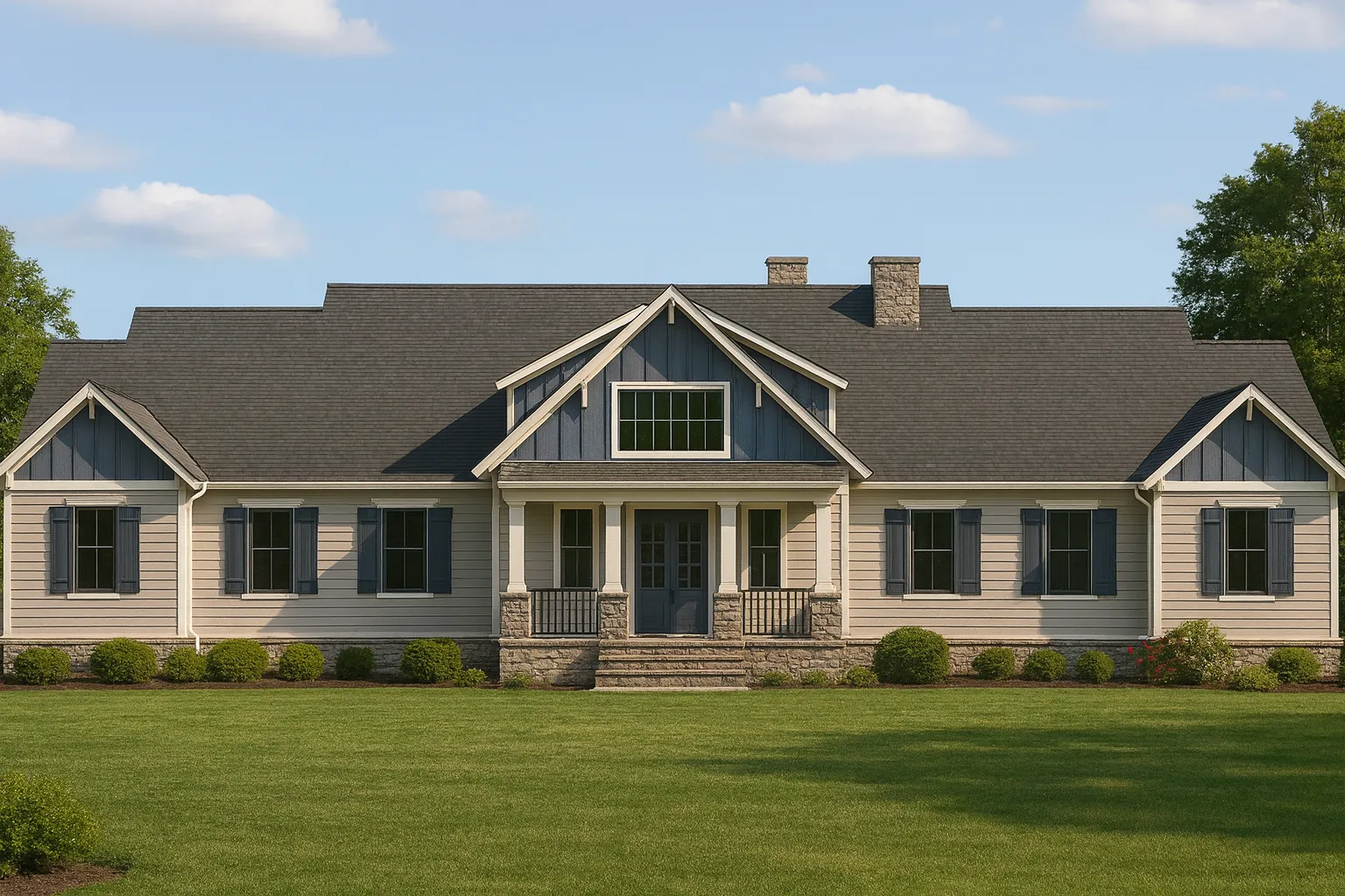 Front elevation of a New American style ranch home with horizontal siding, board and batten gables, stone porch columns, and symmetrical design