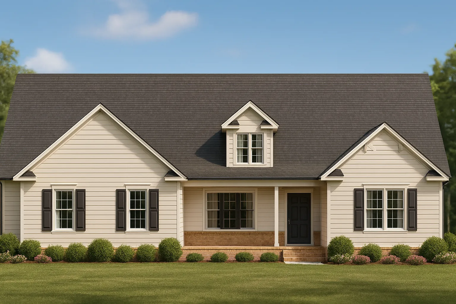 Front elevation of a Cape Cod style home with horizontal siding, brick foundation, symmetrical windows, and central entry