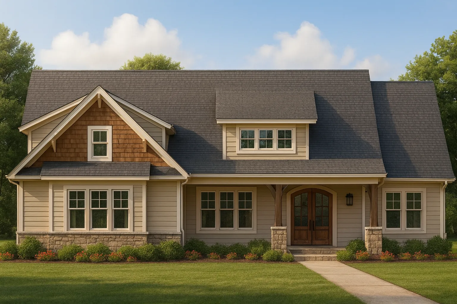 Front elevation of a Cape Cod style home with Craftsman influences, horizontal siding, shingle accents, stone base, and a welcoming covered porch