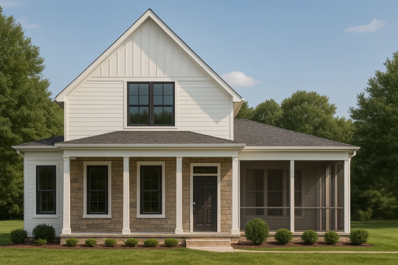 Front elevation of a Modern Farmhouse style home featuring board and batten siding, stone accents, black windows, and a covered front porch