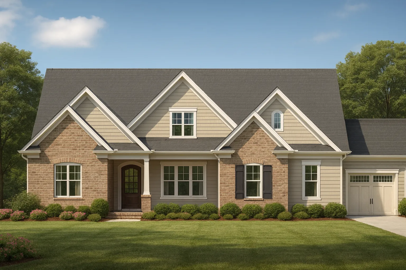 Front elevation of a New American modern traditional home with brick and lap siding, gabled rooflines, shutters, and covered entry