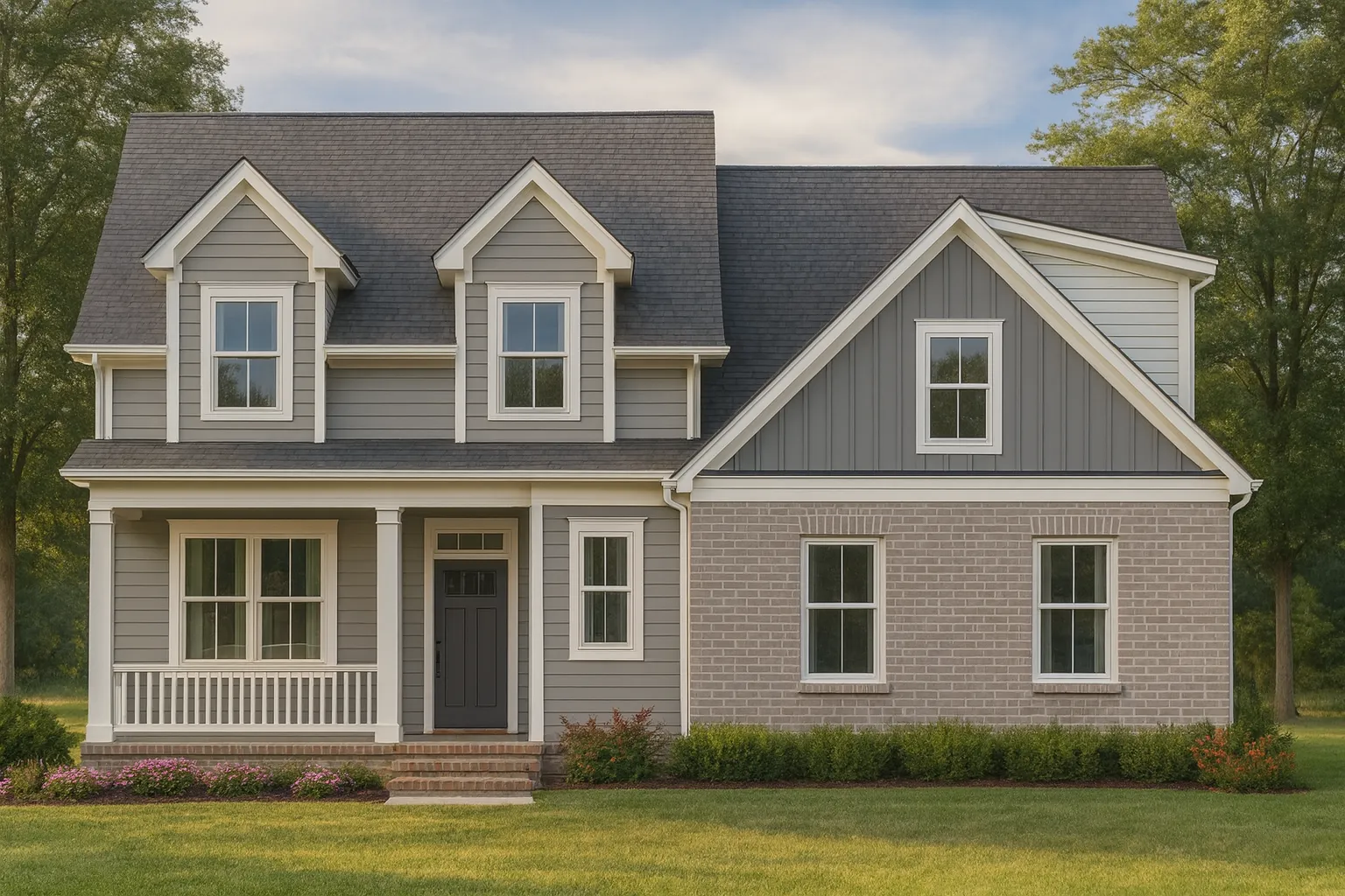 Front elevation of a New American modern traditional house with brick veneer, board and batten gable, lap siding, and covered front porch
