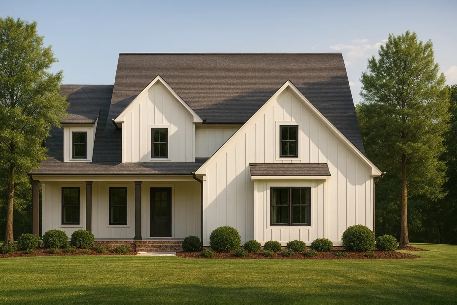 Small House Plans 1 Front elevation of a modern farmhouse style home featuring white board and batten siding, steep gable roof, black windows, and covered front porch