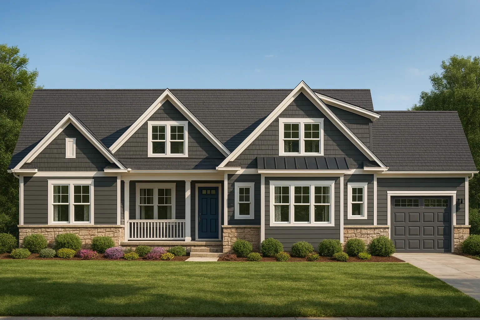 Front elevation of a New American Craftsman style house featuring horizontal siding, stone accents, gabled rooflines, and a welcoming covered front porch