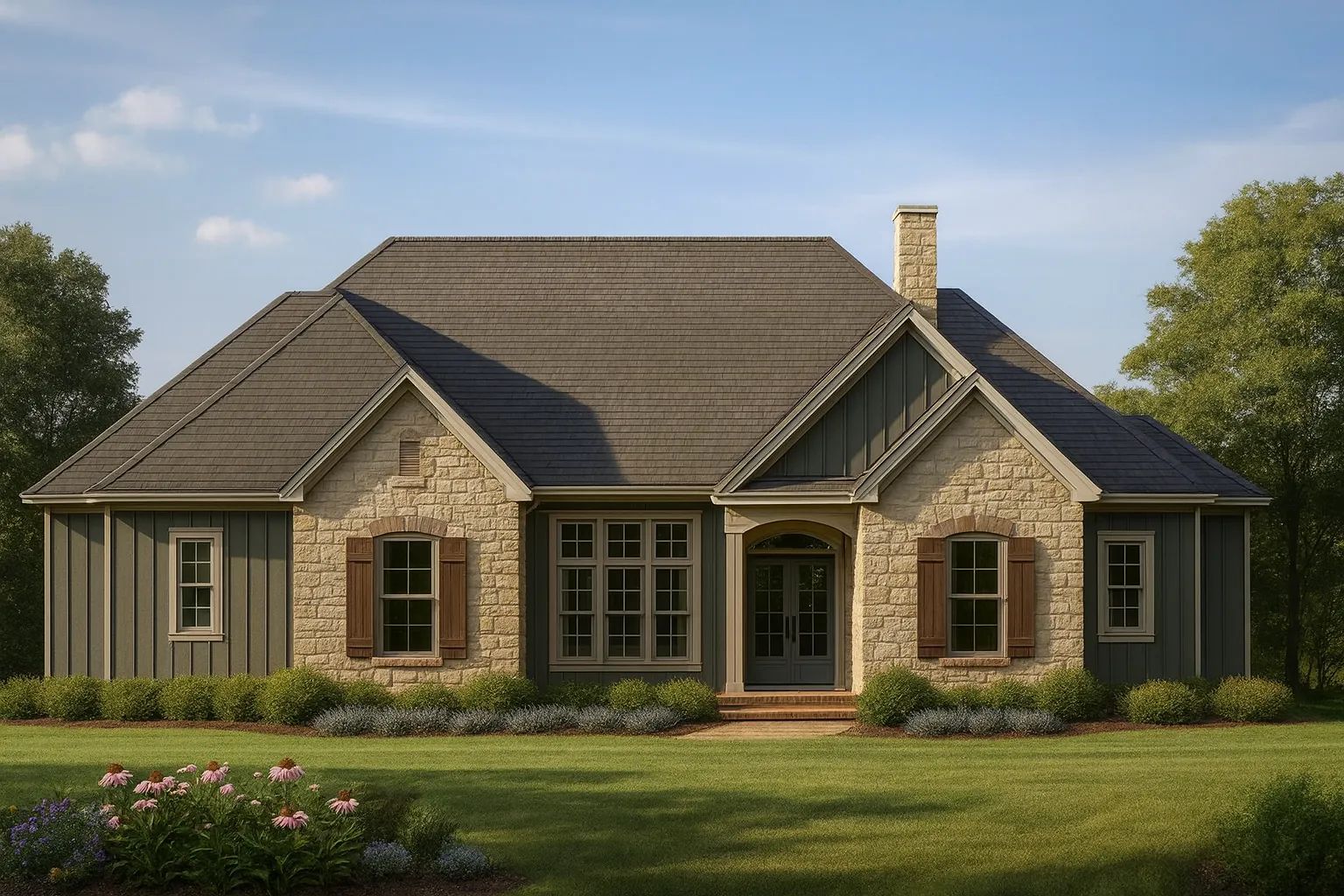 Front elevation of a traditional European-style house with brick exterior, steep gable roof, arched entry porch, and classic shuttered windows