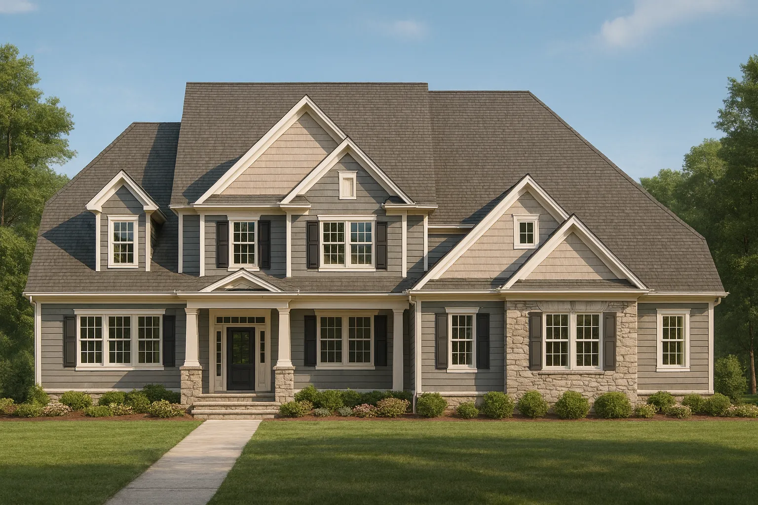 Front elevation of a New American style home featuring horizontal siding, stone accents, symmetrical windows, and a covered front porch