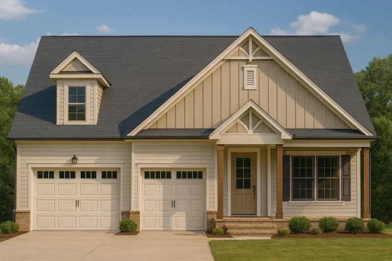Front view of modern farmhouse home with board and batten siding, gabled rooflines, covered porch, and two-car garage