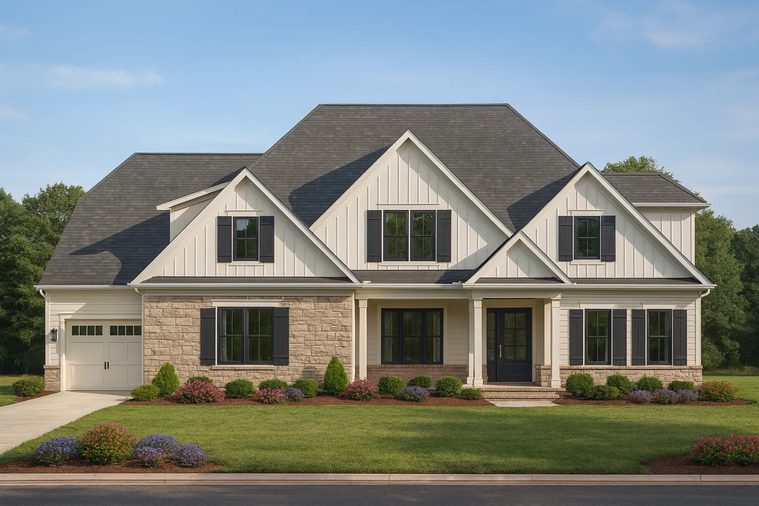Front elevation of a New American farmhouse style home featuring board and batten siding, stone exterior accents, black shutters, and a welcoming covered porch
