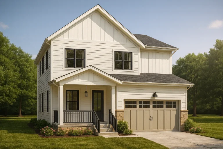 Front elevation of a modern farmhouse style home featuring board and batten siding, covered front porch, and attached garage