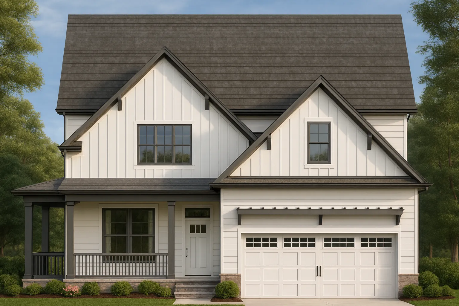 Cabin House Plans 9 Front elevation of a Modern Farmhouse style home featuring board and batten siding, gabled rooflines, covered front porch, and attached two car garage