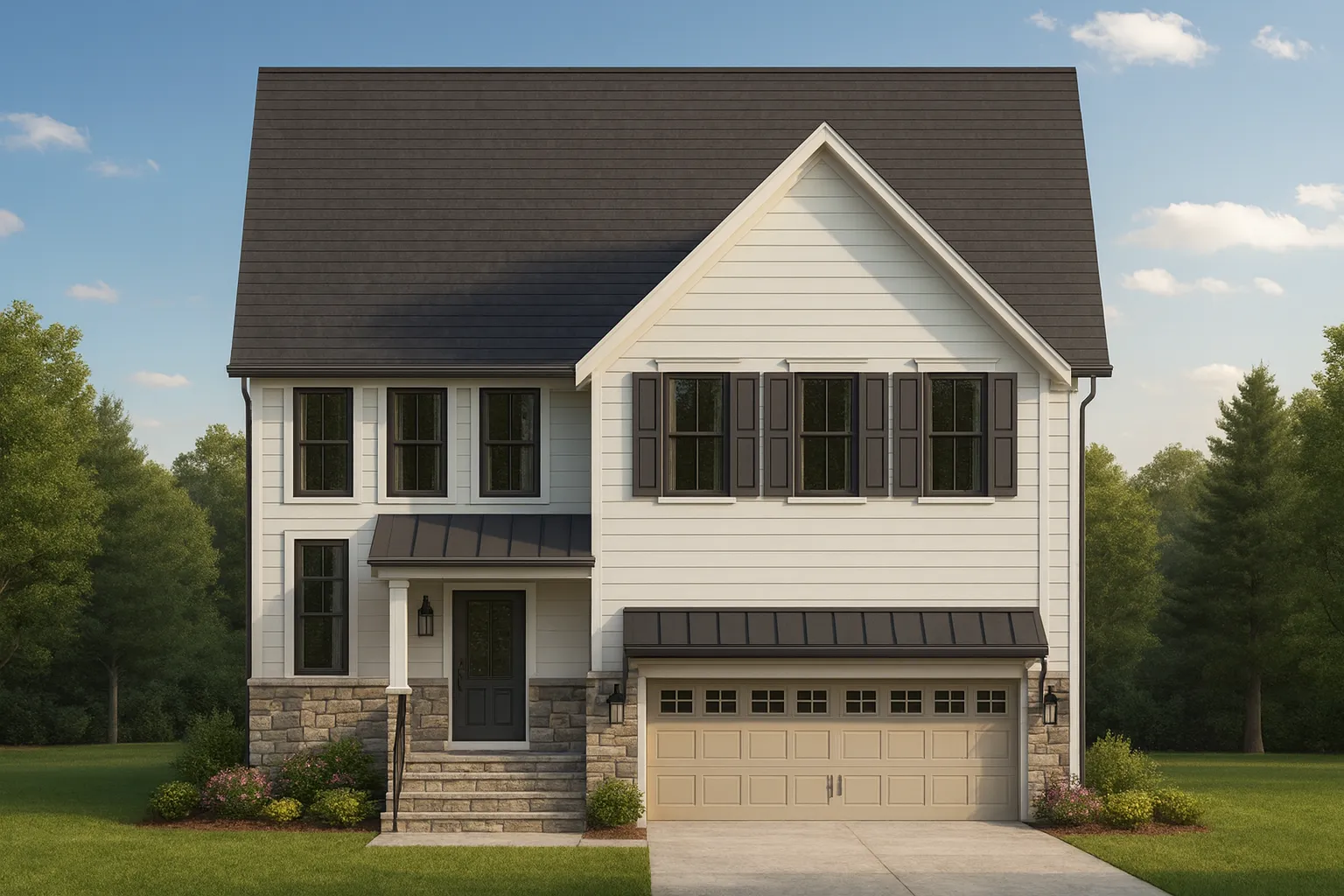Front elevation of New American modern traditional home featuring board and batten siding, stone accents, and an attached two-car garage