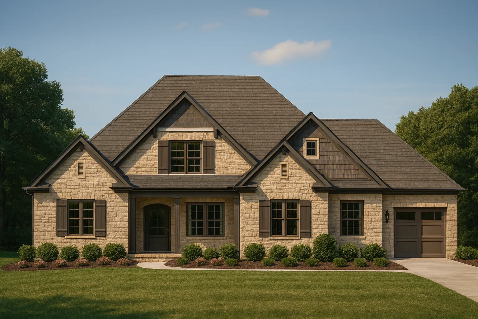 Front elevation of a New American style home with stone veneer, horizontal siding, gabled rooflines, and Craftsman-inspired detailing