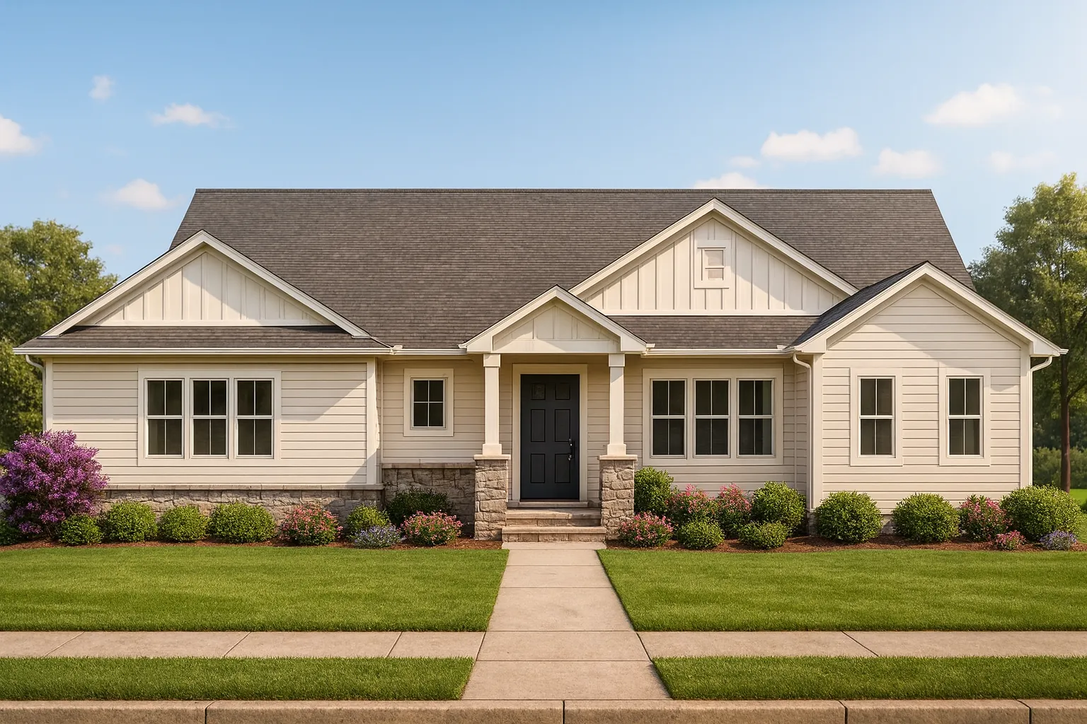 Front elevation of a modern farmhouse ranch house with horizontal siding, board and batten gables, stone porch columns, and a welcoming covered entry