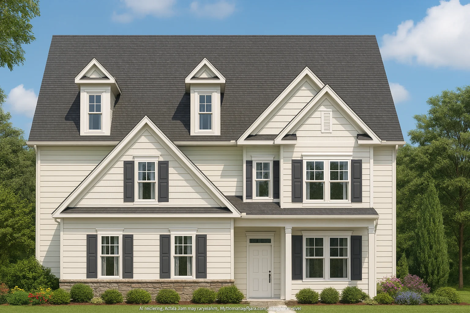 Front elevation of a New American style two-story house with symmetrical Colonial influence, lap siding exterior, gabled rooflines, and centered entry
