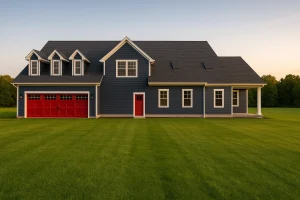 Front exterior view of a Modern Farmhouse home with navy-blue siding, red doors, dormers, and covered porch showcasing Colonial design influence