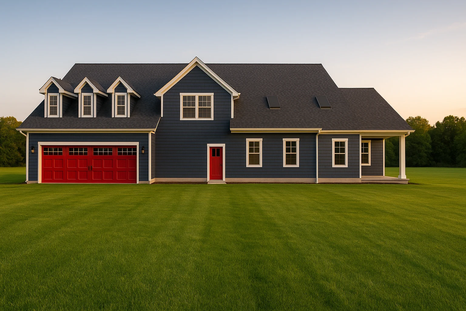 Front exterior view of a Modern Farmhouse home with navy-blue siding, red doors, dormers, and covered porch showcasing Colonial design influence