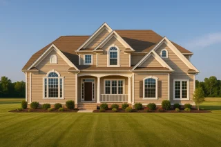 Front elevation of a New American / Modern Traditional two-story home featuring horizontal lap siding, white trim, arched windows, shutters, brick steps, and a covered front porch