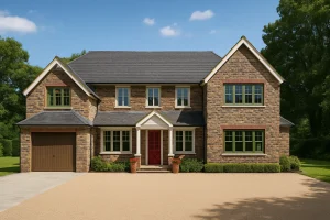 Elegant 2-Story House Plan with Brick and Shingle Design