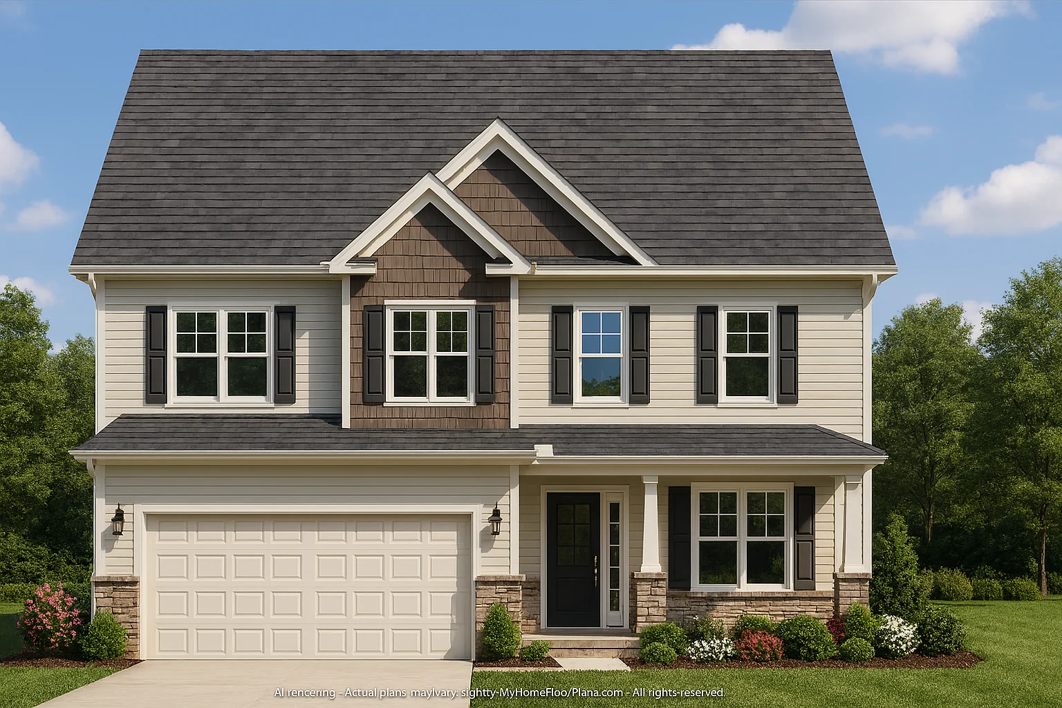 Front view of a two-story Traditional Colonial home featuring horizontal siding, shingle accents, and stone detailing with symmetrical windows and a double garage.