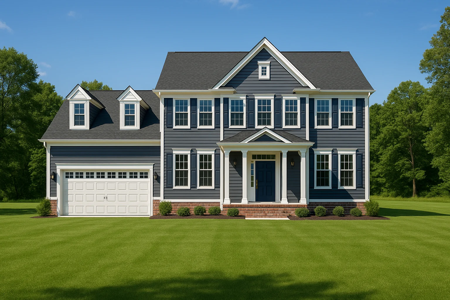 Front exterior view of a Traditional Colonial style home with horizontal siding, symmetrical windows, central entry porch, and attached two-car garage