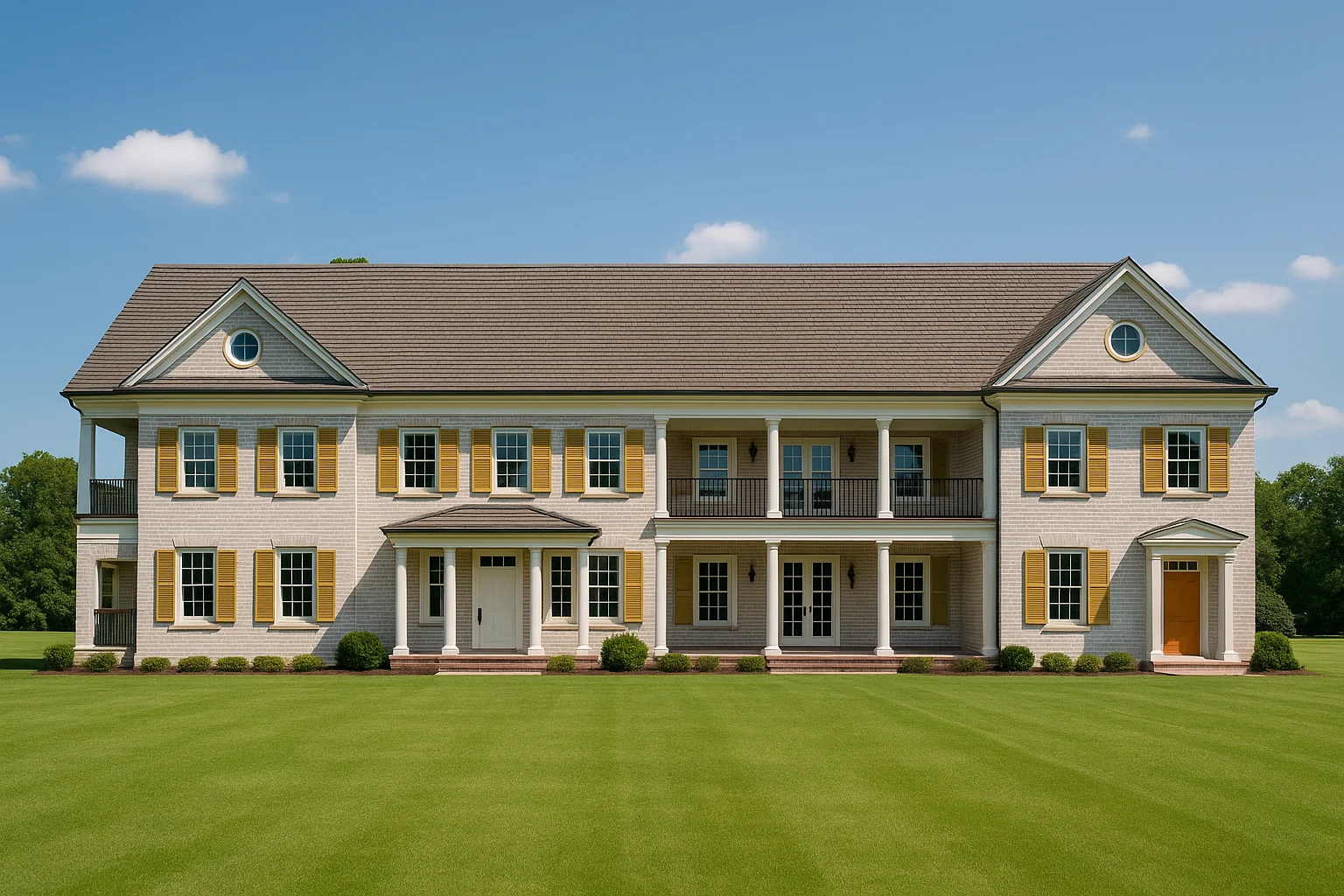 Front view of a Colonial Neoclassical style two-story house featuring painted brick exterior, columned porch, and symmetrical shuttered windows