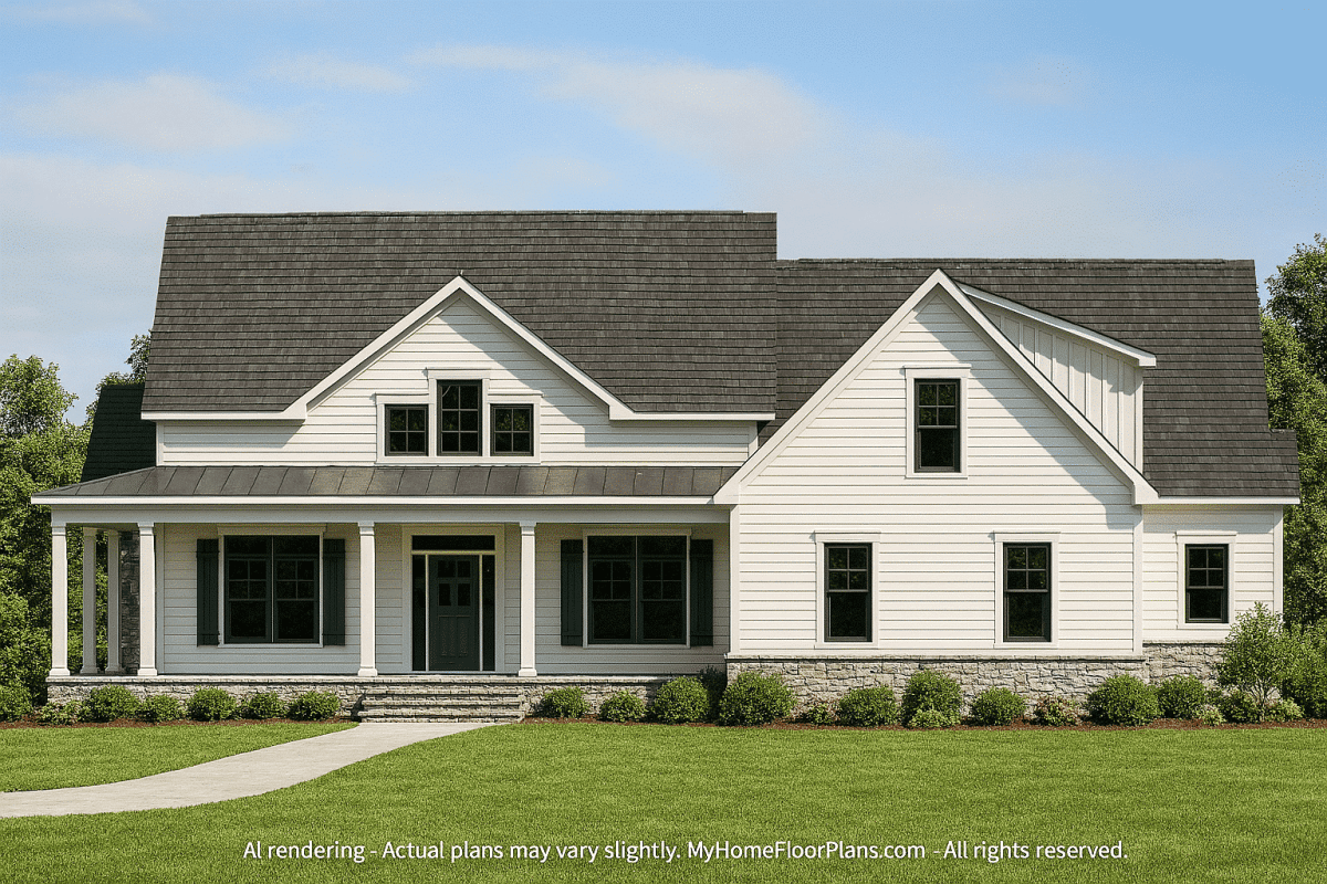 2-Story House Floor Plan with Wraparound Porch & Vaulted Ceilings