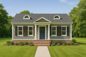Front elevation of a Traditional Cottage style home featuring horizontal siding, brick foundation, columned porch, and shuttered windows