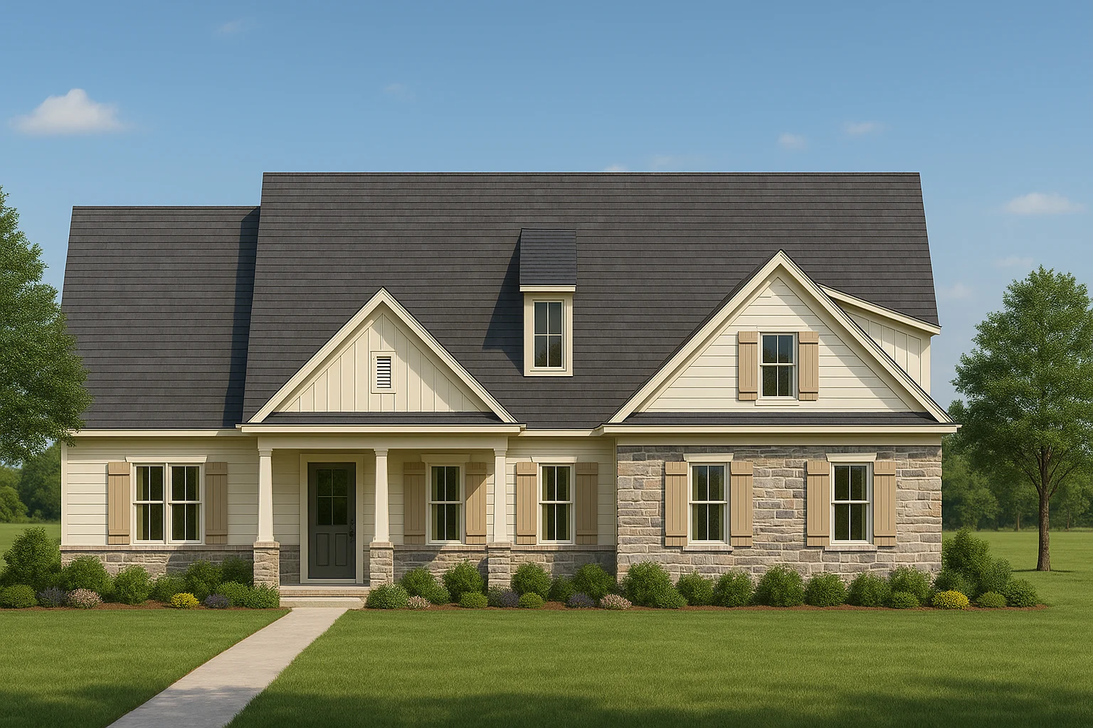 Front elevation of a Cape Cod style home featuring horizontal siding, stone exterior accents, gabled rooflines, and a welcoming covered porch
