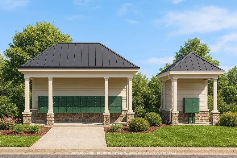 Front elevation of a Neoclassical carriage house garage with brick exterior, classical columns, green doors, and standing seam metal hip roof
